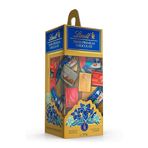 Lindt - Boîte Napolitains SWISS PREMIUM CHOCOLATE - Assortiment de Minis Chocolats au Lait, Lait-Noisette, Lait et éclats de Nougat, Blanc et éclats de Nougat, Noir et Lindor Lait, 500g