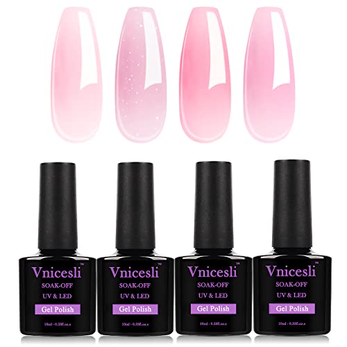 Vnicesli UV Nail Polish Natural Pink, 4 Pieces Shellac Classic Shellac Nail Polish Natural Gel Nail Polish Pink Jelly Gel Translucent Pink Soak Off UV LED Gel Nail Polish Home DIY Manicure Nail Studio