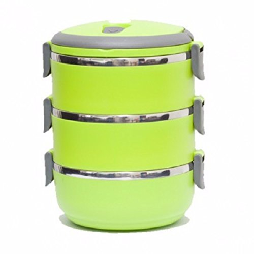 SDKKY Cajas de almuerzo de vacío de tres niveles de aislamiento de acero inoxidable, redondo de creativos estudiantes japoneses loncheras,Verde