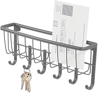 mDesign Wall Organiser  Letter Tray and Key Rack with 6 Hooks for Hanging  Hallway Letter Basket for Letters, Documents and Envelopes  Graphite Grey