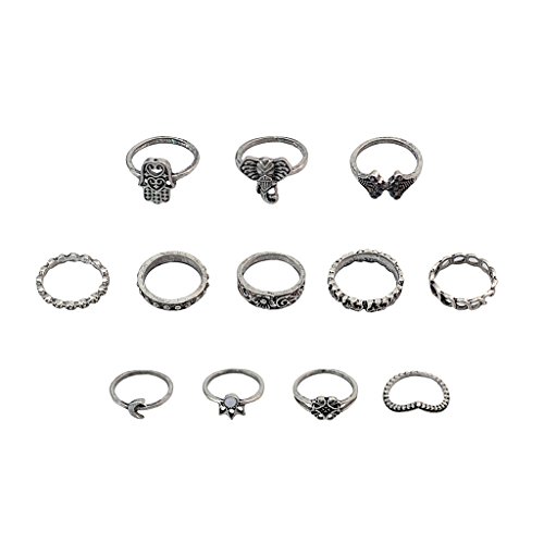 Homyl Conjunto de 12 peças de anel feminino vintage Bohemian Moon Elephant Fatima Midi para presente