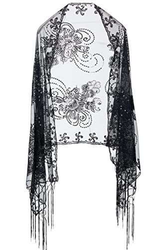 Image of BABEYOND 1920s Sequined Shawl Wraps for Women Fringed Evening Cape Wedding Bridal Shawl Scarf for Evening Dresses Party