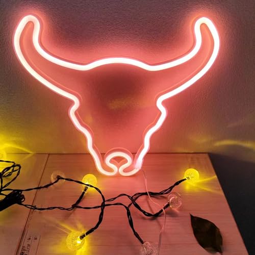 Image of Peach Pink Cow Neon Sign Led Cute Western Cowboy Light up Sign for Wall Bedroom Dorm Bar Counter Party Indian Decor,LED Neon Night Lights Battery and Usb Powered,Neon Lights Cow Gifts for Kids