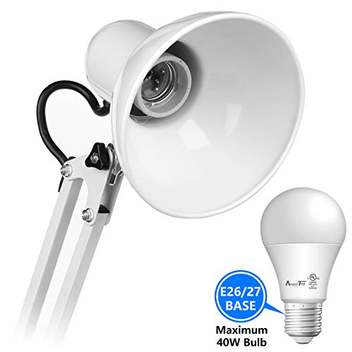 Ameritop Metal Desk Lamp, Adjustable Goose Neck Swing Arm Table Lamp With Interchangeable Base Or Clamp; Eye-Caring Study Desk Lamps For Bedroom, Study, Office, Table (White) #TOP2
