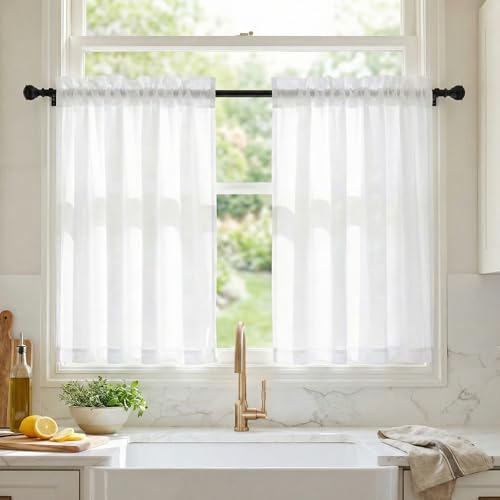 NICETOWN 4 Panels Privacy Sheer Cafe Curtains 26 x 30 Inches, Light Filtering Heavyweight Fabric Room Brightening & Opaque Kitchen Curtains, Non-See-T
