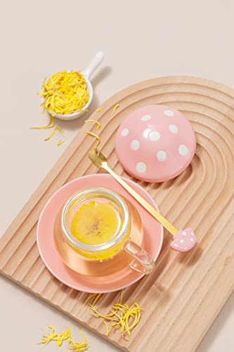 Rain House Glass Tea Cup Cute Mushroom Mug With Mushroom Spoon, Tea Cups With Infuser Strainer Filter, Clear Teapot With Ceramic Lid Coaster, Heat Resistant For Home And Office 290Ml 9.6Oz (Pink) #TOP1