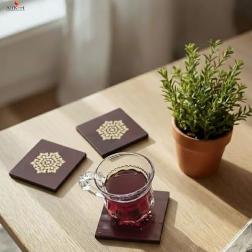 Image of Wooden Tea Coaster Square Shape-Set of 6 with Free Spoon Handcrafted Premium Hard Wood,Durable Coasters for Drinks Heat & Water Resistant,Coffee,Office Desk Home Decor Gift Item Golden Design