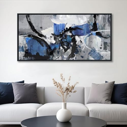 Image of Blue Abstract Wall Art - Large Canvas Wall Art in Navy Blue and Black, Framed Gray Artwork for Living Room, Bedroom, and Office Decorations for Work - Modern Wall Decor and Pictures 30x60IN