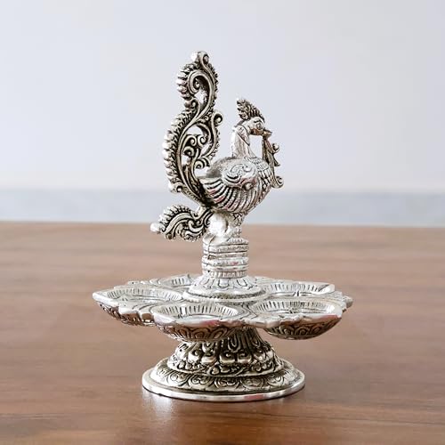 Image of Traditional Silver-Plated Peacock Pooja Thali, 5-Compartment Diya Stand with Ornate Design
