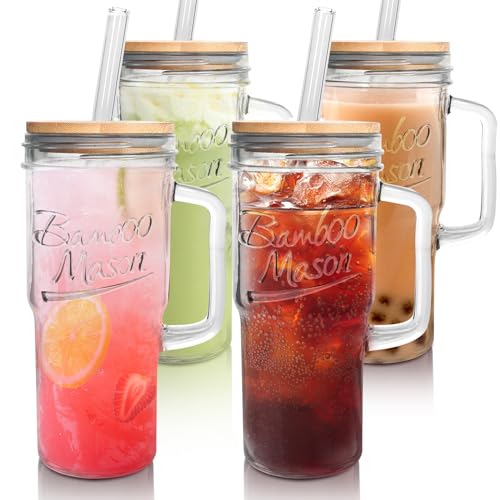 ANOTION Glass Cups with Lids and Straws - 24 oz Tumbler with Handle Halloween Coffee Cups Glass Straws Mason Jar Cups Drinking Set Kitchen Essentials Coffee Bar House Warming Gifts New Home