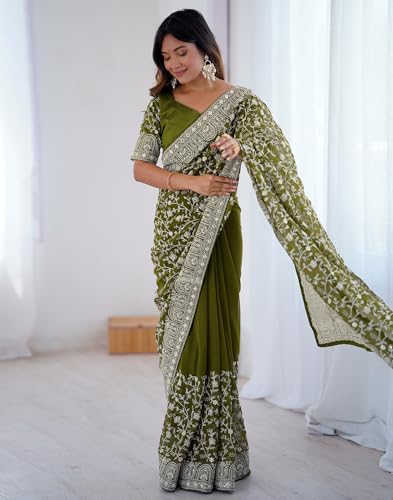 Image of SIRIL Women's Georgette Embroidery Saree With Unstitched Blouse