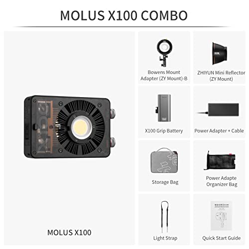Image of Zhiyun Molus X100 Combo LED Video Light, with Upgrade Version Handle Battery 100w Studio Light 2700K~6500K, ZY to Bowens Mount Adapter for Outdoor Live Shooting