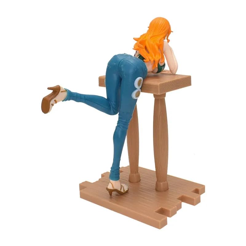 Image of One Piece Nami Grandline Journey Style Action Figure | 17cm Nami Figure Leaning Pose in Green Bikini & Tight Blue Jeans with Wooden Base Figure for Table & Desk Decor, Gift For Anime Fans