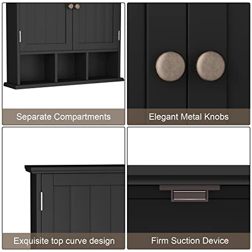 Choochoo Bathroom Cabinet Wall Mounted 2-Door With 3 Open Shelves， Wooden Medicine Cabinets With Adjustable Shelf，Space Saver Storage Cabinets Over The Toilet For Bathroom&Living Room，Black #TOP4