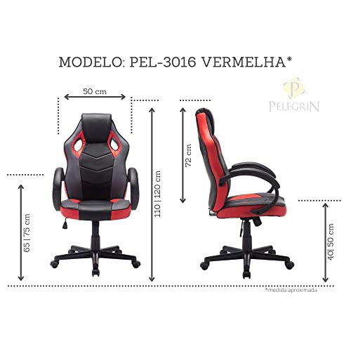 Cadeira Gamer em Couro PU Pelegrin PEL-3016 Preta e Vermelha