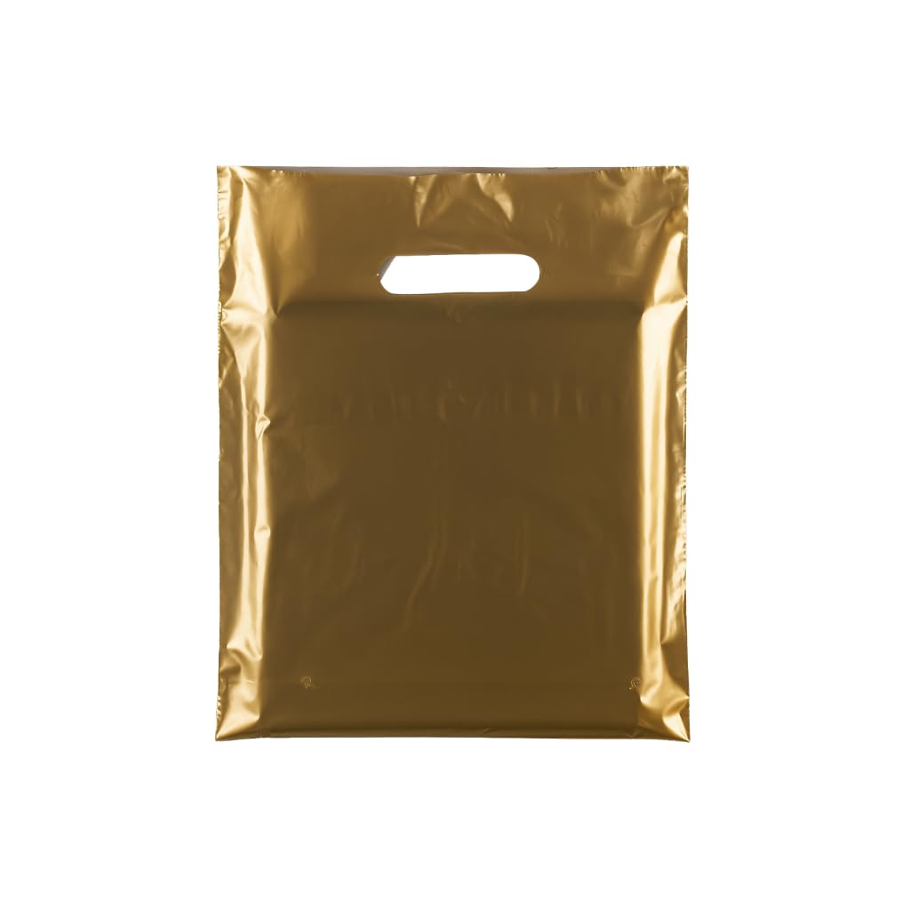 Shoplines Supplies Gold Plastic Carrier Bags With Die-Cut Handles –Reusable & Recyclable Ldpe –Durable Retail Shopping Bags For Clothing, Gifts, Takeaways, And Events