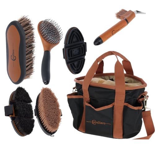 Covalliero - Set de cuidado para caballos de alta calidad, 7 piezas, con bolsa de limpieza, cepillos, cerillas y raspadores para el cuidado de caballos, juego completo para pelaje, melena y pezuñas