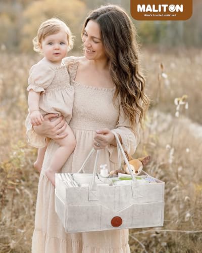 Image of Maliton Felt Diaper Caddy Organizer for Changing Table - Large, White | 15x9x7 inch Portable Nursery Storage Bin and Car Organizer for Diapers, Wipes. Boy & Girl Shower Gift Basket, Baby Essentials