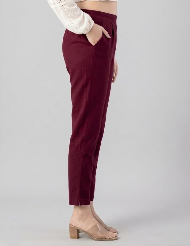 Image of Solid Cotton Woman Trousers Pants Regular Fit Kurti Pant with Drawstring Daily Office Formal Casual Use