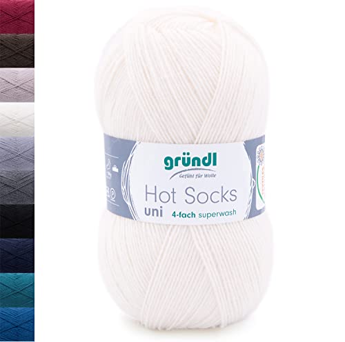 Sockenwolle 4fädig uni 100g Gründl Hot Socks 4-fädig weiß einfarbig | 75% Wolle, 25% Polyamid | Strumpfwolle Sockengarn (4ply, 4fach) Wolle für Socken stricken (86 - weiß)
