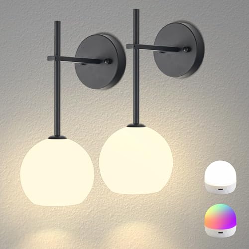 Image of Black Battery Operated Wall Sconces Set of 2, Rechargeable Wireless Wall Lights with Milky White Frosted Glass Shade, 12 RGB and 3CCT Dimmable, Wall Lamps with Remote for Bedroom Living Room Hallway