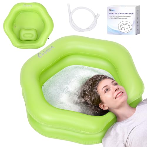 Inflatable Shampoo Basin for Bedridden, Elderly & Disabled - Petal-Shape Large Size, 360° Neck Support, Central Drain Hole with Pull Ring | Leak-Proof PVC Portable Hair Washing Bowl (Green)