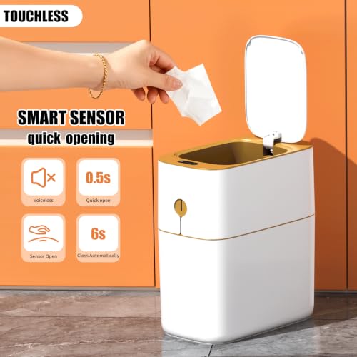 Image of funest Smart Bathroom Trash Can with Lid, 3.6 Gallon Slim Motion Gold Sensor Garbage Bin with Inner Bucket, Trash Can with Lid Waterproof for Kitchen Office