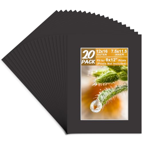 Golden State Art, 12x16 Mats Cut for 8x12 - Bevel Cut, Acid Free, 4-ply Thickness White Core - Great for Pictures, Photos, Frames, Artworks, Prints (Pack of 20, Black Color Mat)
