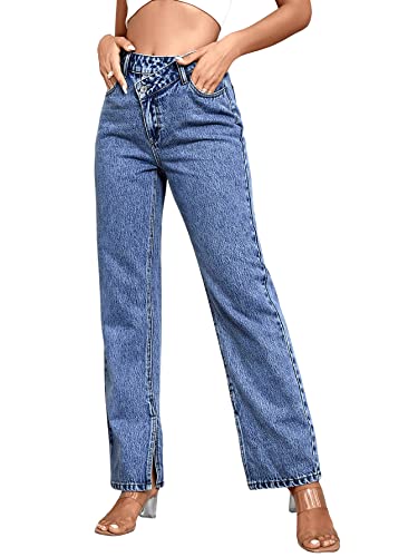 SweatyRocks Women's High Waisted Straight Leg Long Jeans Asymmetrical Waist Denim Pants Split Hem Blue S