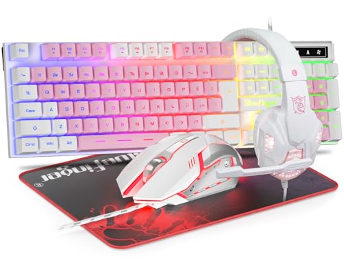 Image of BlueFinger RGB Gaming Keyboard and Backlit Mouse and Headset Combo, USB Wired Backlit Keyboard, LED Gaming Mouse Set, Headset with Microphone for Laptop PC Computer Game and Work (White & Pink)