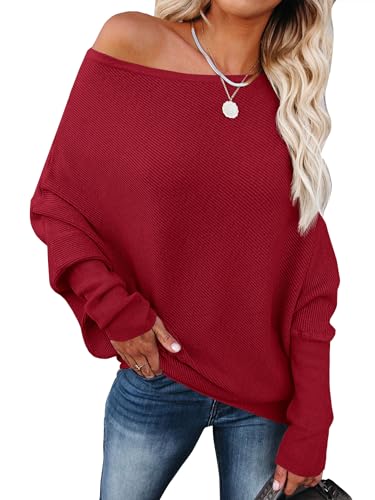 ANRABESS Womens Off Shoulder Sweaters 2025 Fall Long Batwing Sleeve Loose Fit Knit Tops Casual Pullovers Jumpers Red Large