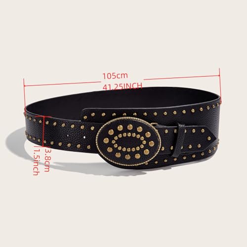 Women's Punk Genuine Leather Belt Studded Wide Cinch Waist Belt Black2