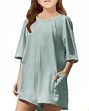 CharmWM Girls Summer Casual Romper Short Sleeve Oversized Jumpsuit Kids Shorts Teens Fashion Cothes Blue Grey