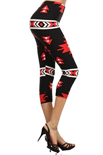 INACTIVE Women's Yoga Gym High Waist reg/Plus 25+Colors Solid and Printed Workout Capri Leggings Pants 25+Colors (Plus (Size 12-24), Red Aztec)