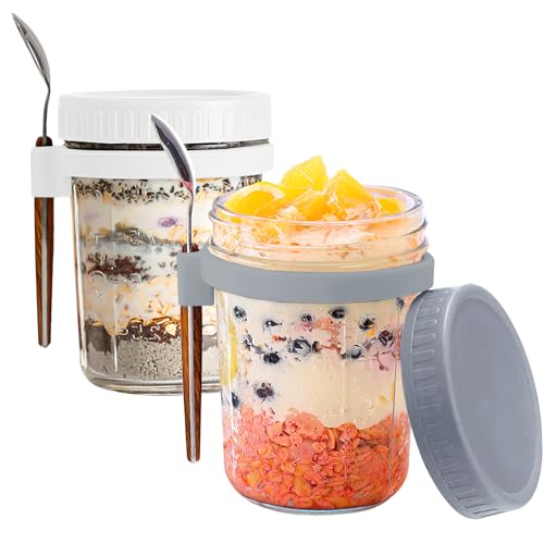 FePen Overnight Oats Jars, 2 Piezas 350ML Frascos de Vidrio con Tapa, Porta Yogur, Taza de Cereales para Llevar, Tarros de Avena Nocturna con Tapas y Cuchara,Vaso Portátil de Yogurt