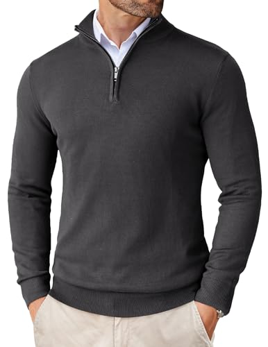COOFANDY Mens Slim Fit Zip Up Mock Neck Polo Sweater Casual Long Sleeve Sweater Pullover Sweaters with Ribbing Edge Dark Grey,Large