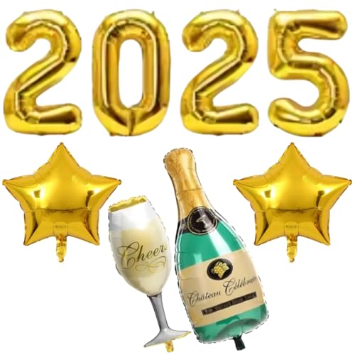Kit Bexigas 08 Balão Metalizado 2025+ Taça Champanhe Estrela 40cm Metalizado Festa Decoraçao Natal A
