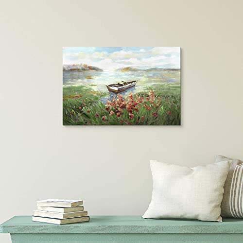 Arttitue Lake Boat Scenery Oil Painting: Hand Painted Nature Landscape Picture Artwork Contemporary Bedroom Living Room Natural Scene Canvas Wall Art Decor Home Office Decoration 24”X16” #TOP3