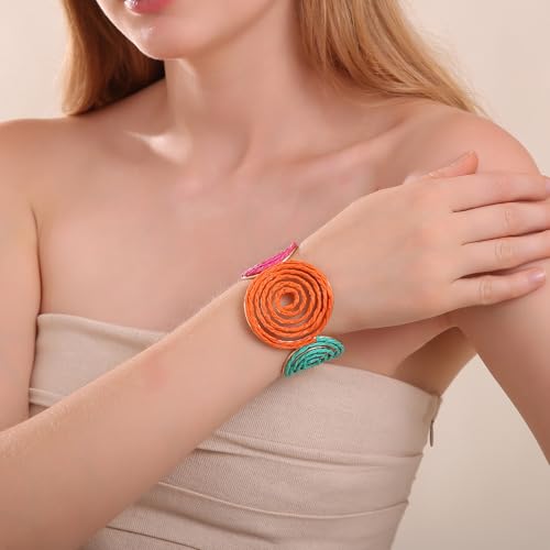 Raffia Spiral Cuff Bracelet for Women, Colorful Swirl Bangle Chunky Bangle Handmade Rattan Statement Bracelet2