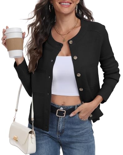 PrinStory - Cárdigans para mujer de punto trenzado, manga larga, con botones, jersey de dama con frente abierto, prenda de punto elegante para exteriores, Negro, XL