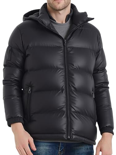 Image of Men's Hooded Puffer Jacket Winter Coat Warm Thickened Zip Up Quilted Padded Jackets with Pockets