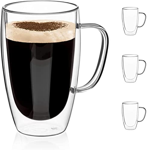 COMOOO Double Walled Glass Coffee Mugs Glass Mug With Handles Double Wall Cappuccino Cups, 16oz Of Set 4 Coffee tea Mugs, Clear Glasses With Handle