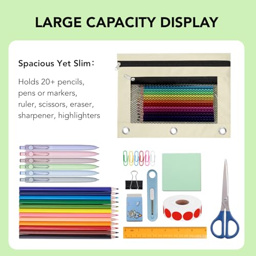 Image of Pencil Pouch for 3 Ring Binder, Heavy Duty Canvas Dual Zipper Pen Bag with Clear Window, Smooth Metal Zipper, Fit Standard 3-Ring Binders for School Office Travel Supplies (Beige)