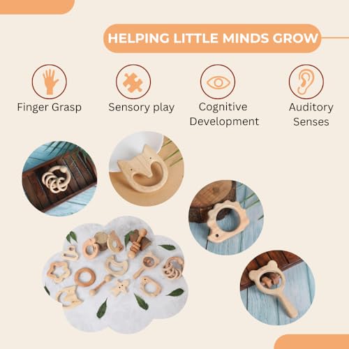 Image of Babbles Neem Wood Teethers for Babies | Wooden Teethers for 6 to 12 Months Baby | Natural and Antibacteria (Cat+Hedgehog+Micky Head+Ring)