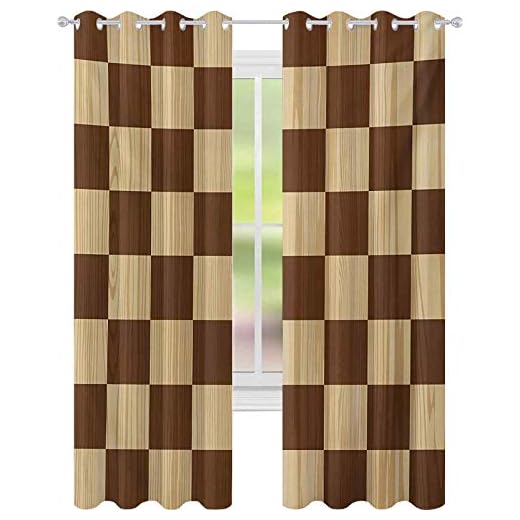 Mörkläggningsgardiner för rum, tomma schackbräde träslag mosaik textur bild schackspel hobby-tema, B 52 x L63 mörkläggningsgardiner för barnrum, brun blekbrun