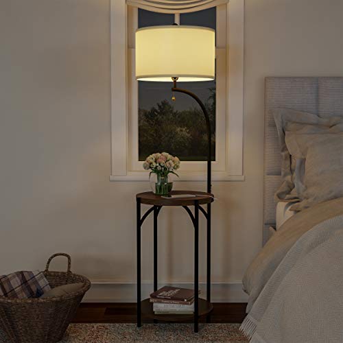 Floor Lamp End Table- Modern Rustic Side Table with Drum Shaped Shade, LED Light Bulb Included, USB Charging Port and Storage Shelf by Lavish Home