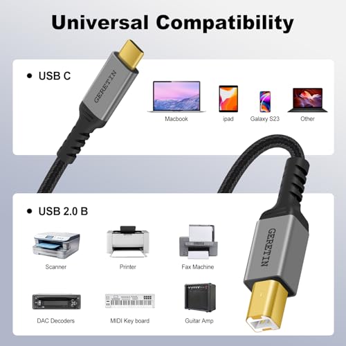 GERETIN USB B to USB C Printer Cable 2M USB Type B 2.0 Data Lead Scanner Cable USB Type C Printer Cable Braided Nylon Compatible with HP Canon Epson Lexmark MacBook Pro/Air iMac XPS ASUS Laptops etc - Image 2