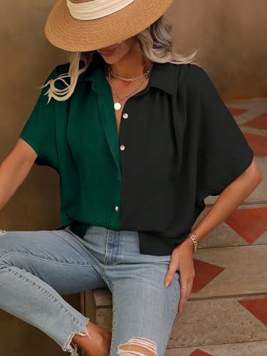 Image of GRECIILOOKS Polycotton Shirt for Women | Shirt Top | Color Block Button Down Blouse Casual Loose Fit Short Sleeve Summer Shirts Work, Vacation & Everyday Wear