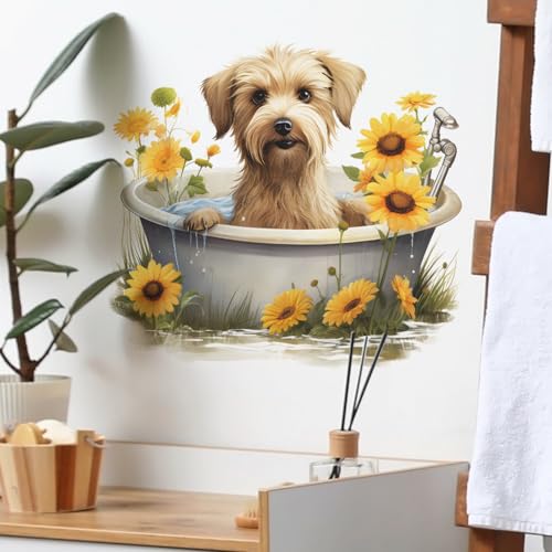 Vinilo decorativo perro adorable en bañera con girasoles miniatura 6
