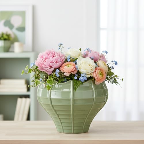 Xtore® Graceful Ribbed Ceramic Planter Pot for Indoor Plants & Tabletop Décor | Sculpted Modern Vase for Living Room, Desk, Shelf & Entry Styling (Light Green, Planter only)